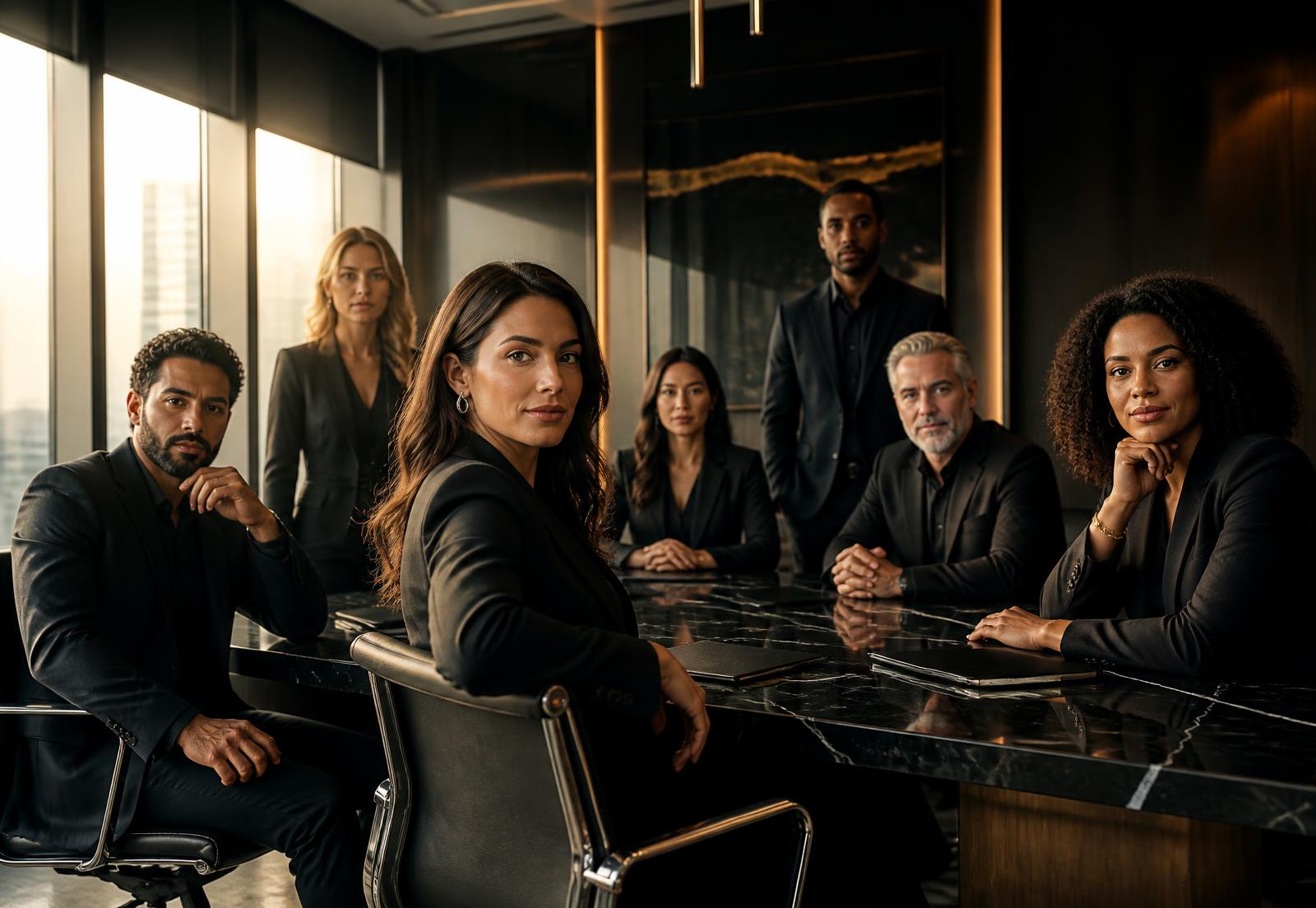 Equipe executiva reunida em sala de reunião corporativa